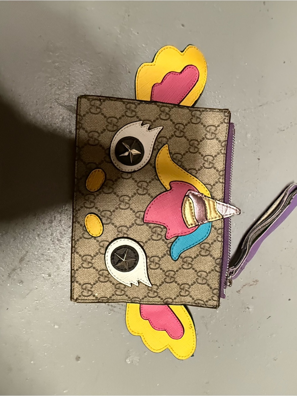 Gucci Brown Monogram Wristlet Pouch with Multicolor Unicorn Appliqués